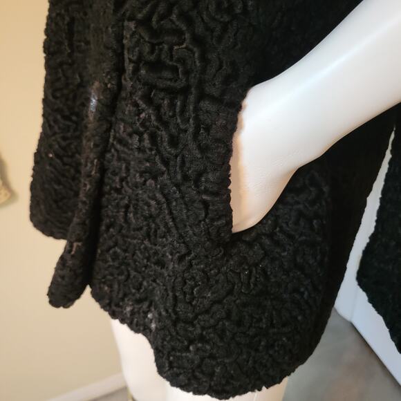 Vintage Black Curly Persian Lamb Jacket Coat Faux Mink Collar 1960s Size L - Picture 8 of 9